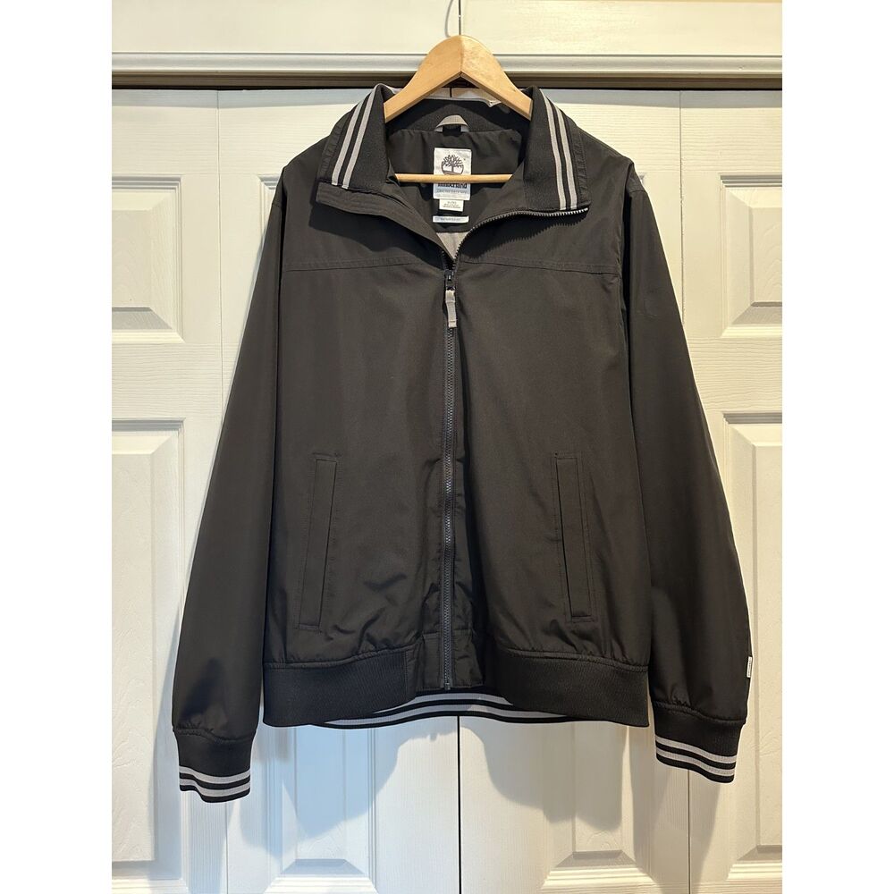 Timberland Mens Waterproof Full Zip Jacket XL Black Striped Trim Varsity Bomber